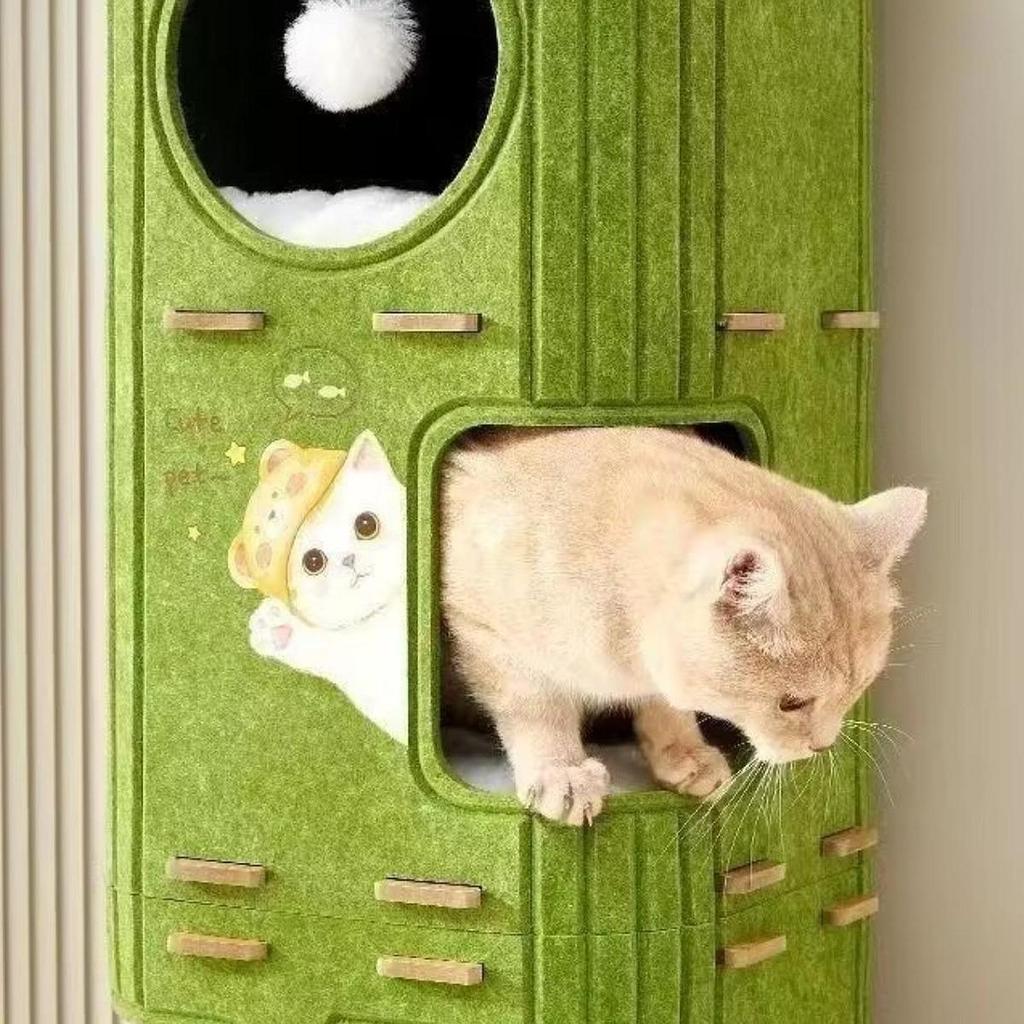 2-3 Tiers Cat House Enclosed Hut Cat Climbing Tree Kitten Scratching Post W/ Hanging Ball Toy for Cats Sleeping Resting Playing