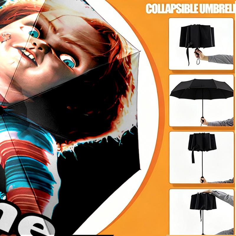 Custom Name Personalized Bride of Chucky Print Umbrella, Auto Open Close, 8‑Rib Sturdy Frame, Commute Camping Hiking Use, Birthday Gift