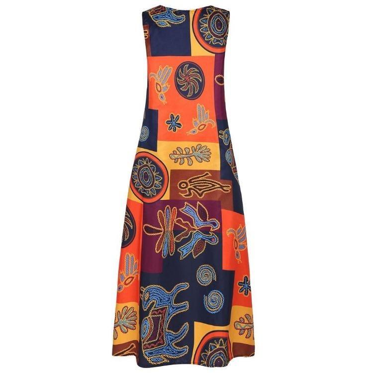 Plus Size Women Bohemian Vintage Floral Print Sleeveless Maxi Dress Casual Daily Wear V Neck