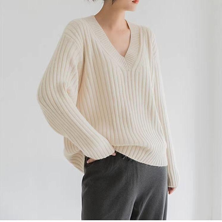 Jerséis Básicos de Punto para Mujer Otoño Invierno Cálido Suéter Cuello en V Moda Holgado Manga Larga Clásico Casual Tops de Punto
