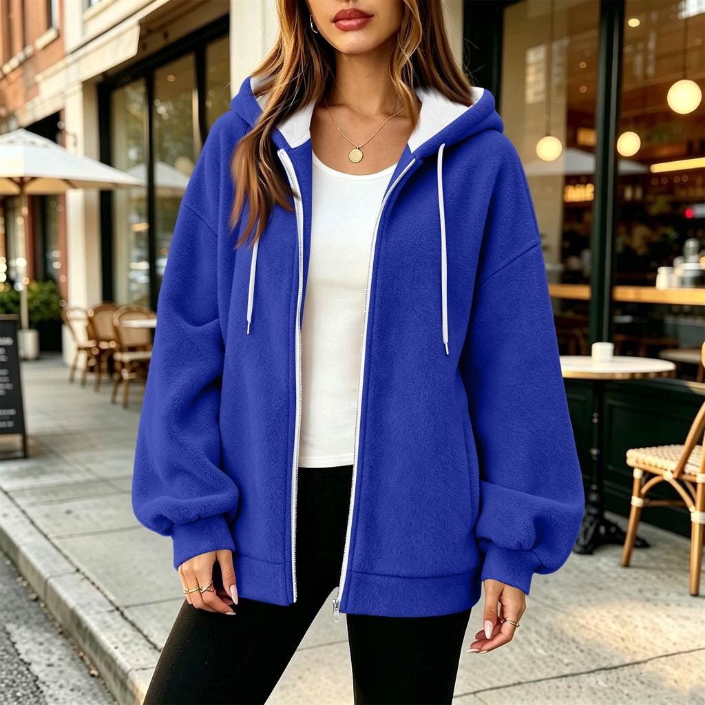 Damen Zip-Up Hoodie, Langarm, Lockerer Schnitt, Farbe Lässige Jacke