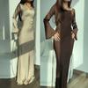 Women's Round Neck Long Sleeve Solid Colorwith Tie Back Elegant Long Dress 
