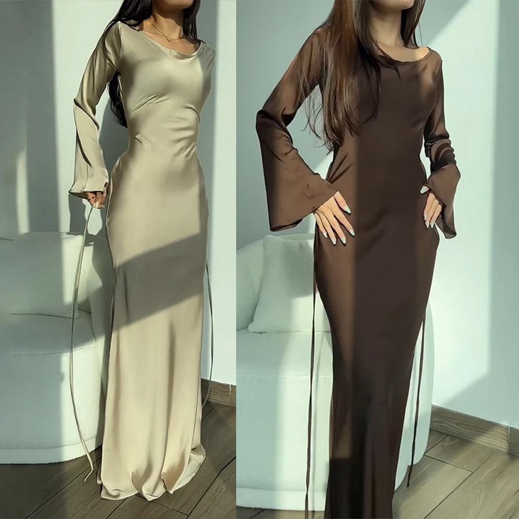 Women's Round Neck Long Sleeve Solid Colorwith Tie Back Elegant Long Dress 