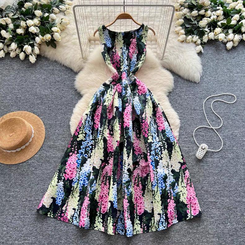 Robe sans manches à col rond imprimé style européen américain pour femmes, haut de gamme, niche, fête d'anniversaire, taille ajustée, bouffante, maxi