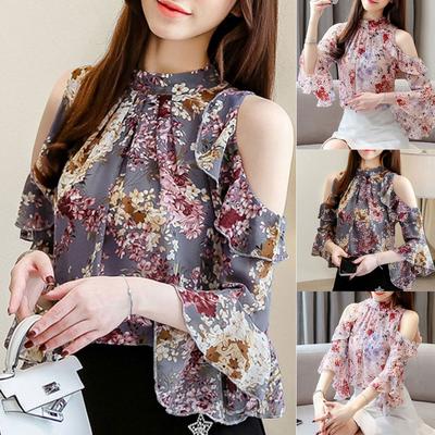 Fashion Women Plus Szie Floral Chiffon Floral Short Sleeve Off-Shoulder Blouse