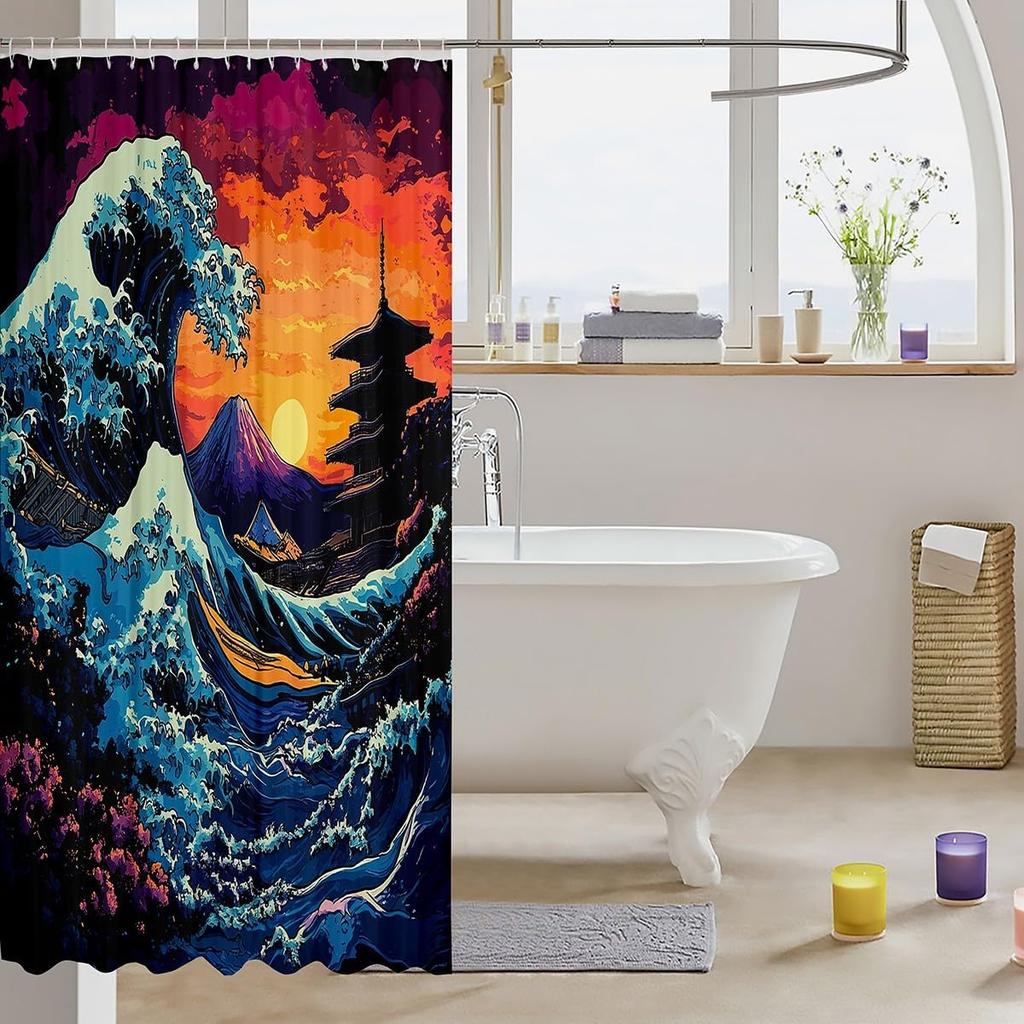 Feelyou Japanese Wave Bath Curtain for Boys Girls Fuji Mountain Shower Curtain Waterproof Japanese Style Bathroom Shower Curtain