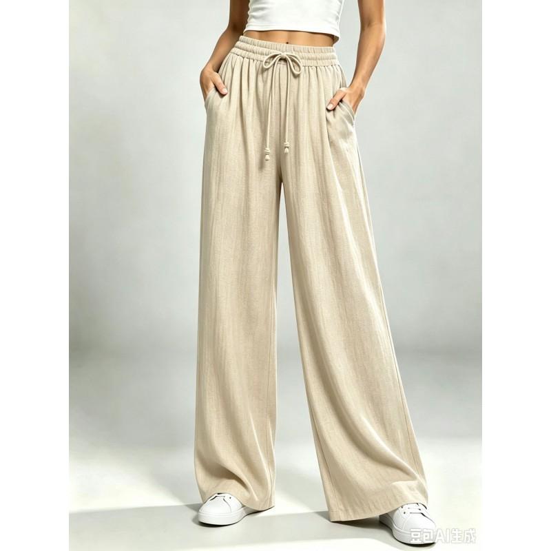 Womens Relaxed Straight Leg Pants Drawstring Elastic Waist Solid Color Casual Trousers