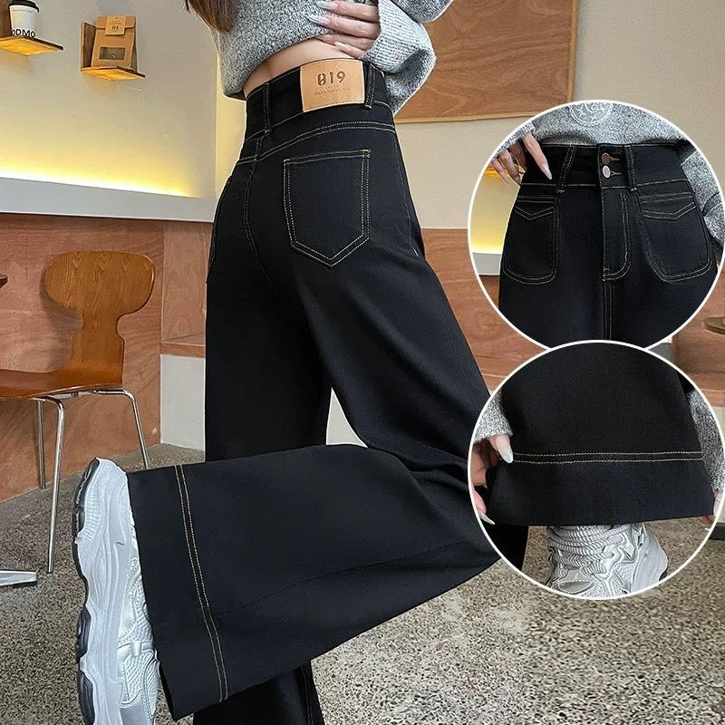 Black narrow wide-leg jeans for women, fleece-lined autumn/winter, new high-waisted stretch straight-leg pants