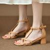 Fashion Ladies Shoes 2024 Hot Sale One-word Buckle Women's Sandals Summer Square Toe Solid Mid Heel Fashion Dress Party Sandals Women