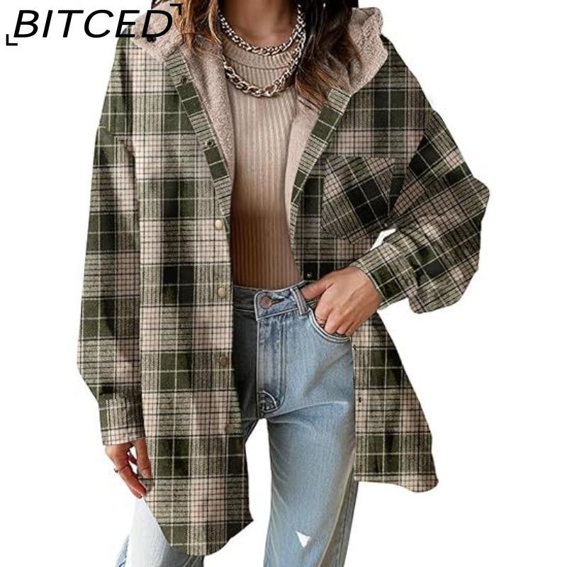 

BITCED Women s Flannel Plaid Jacket Long Sleeve Fall Button-Down Color-Block Hooded Coat XXL оливковое зеленый