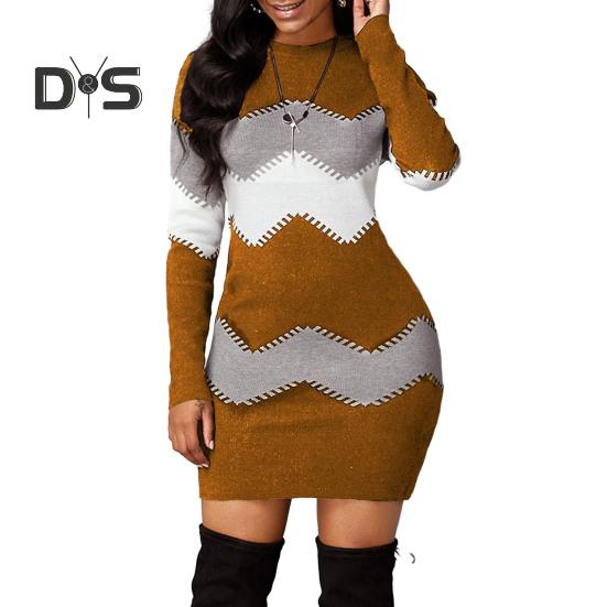 Women Fall Winter Dress Elastic Striped Color Matching Plus Size Sheath Above Knee Length Long Sleeve Round Neck Slim Fit Lady Mini Dress