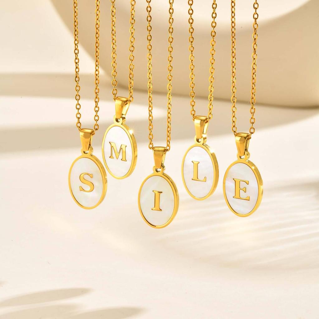 Vnox Women's Pretty Letters Necklace, Stainless Steel Oval White Shell Letter A-Z Pendant, Gold Color Jewelry Gifts