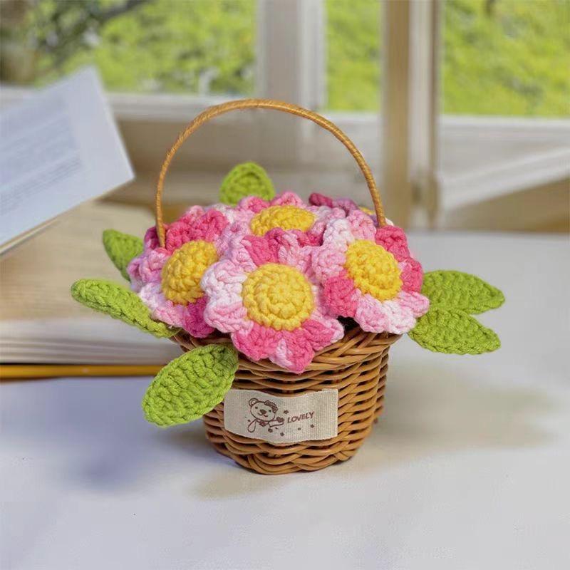 Lovely Hand-knitted Sunflower Basket Romantic Crochet Wedding Flowers Home Office Table Decor