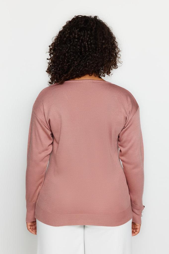 Damen Stil Übergröße Altrosa V-Ausschnitt Strickware Pullover mit Knopfdetails
