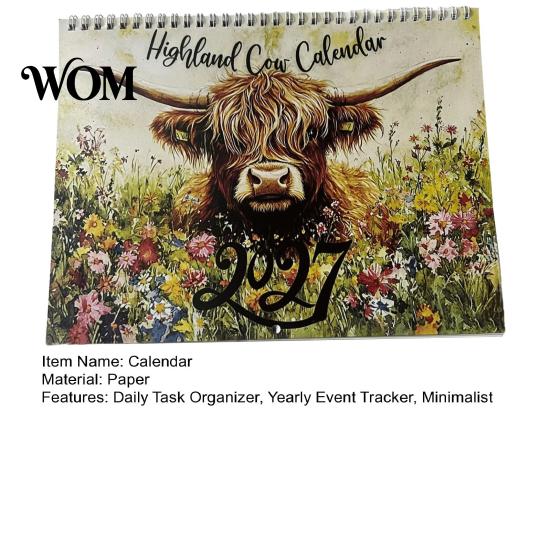 Professional Planning Calendar Highland Cow 2027, 12 Month Wall Hanging Planner with Minimalist Desk Large Daily Blocks, Home Office Organizer, Lover