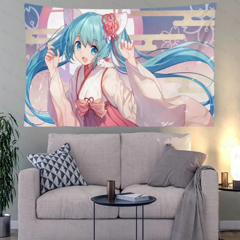 Kawaii Anime Wall Tapestry Blue Haired Idol Character Wall Art Modern Anime Room Decor Soft Fabric Tapestry Bedroom Tapestry