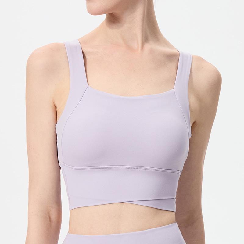 Nude Feel Cross Back Shockproof Women's Sports Bra - Fixed Cup Fitness & Running Vest for High-Intensity Workouts