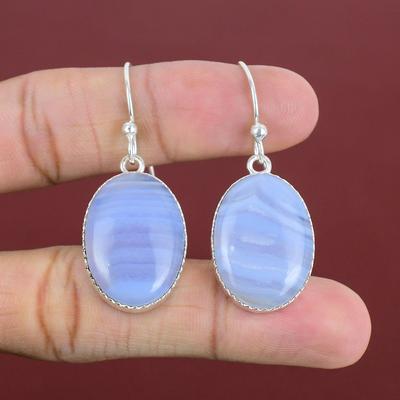 Blaue Spitzen Achat Ohrringe 925 Sterling Silber Ohrringe Echte Edelstein Ohrringe Handarbeit Schmuck Ohrringe für Mama Einzigartige Ohrringe Geschenke für Sie