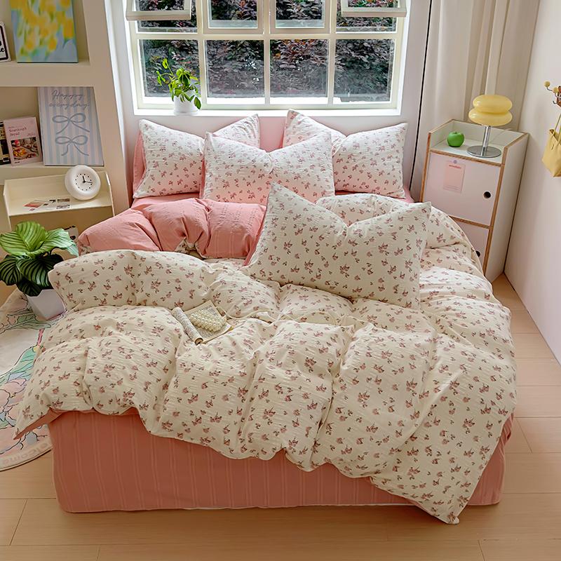 Floral Print French Style Bedding Set Bubble Cotton Duvet Cover Set Washed Cotton Flat Sheet Set Queen For Girl Decor Home