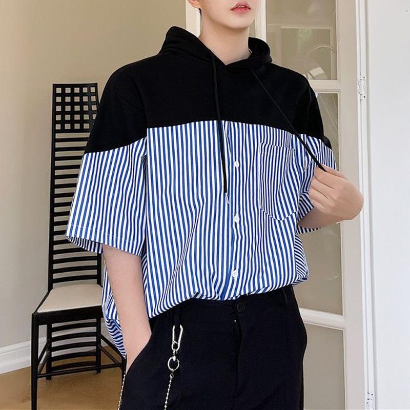 New Summer Fashion High-end Personalized Design Feeling Loose Casual Oversized Striped Printed Short Sleeved Hooded Shirt