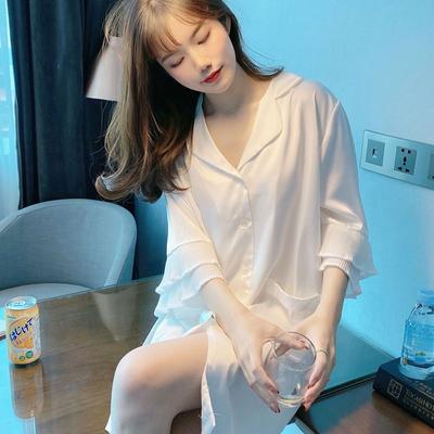 Sleepwear for Women Summer Ice Silk Sexy Thin Style Spring and Autumn Shirt Collar, Medium Length Pajamas