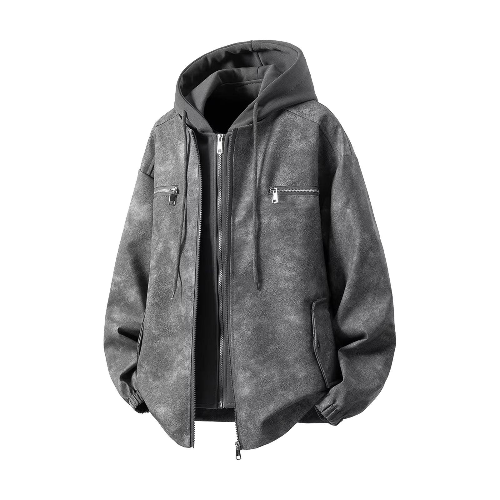 

Men s Solid Color Hooded PU Leather Fake Two-piece Vintage Distressed Fabric Metal Decoration Jacket L