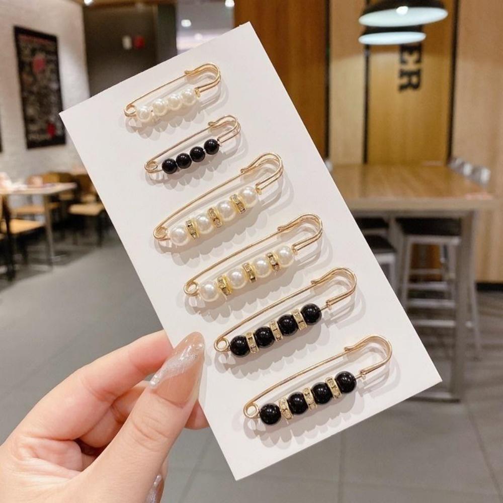 

6-Piece Set Pearl/Black Bead Waist Adjustable Safety Pins, Elegant Pants Waist Cincher Brooch, Ideal for Daily Clothing Repair
