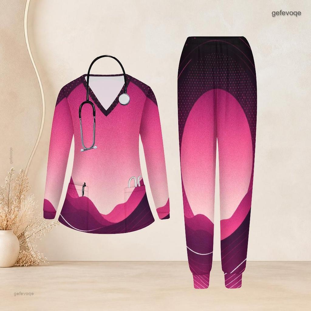 Women Plus Size Nurse Scrub Set V Neck Long Sleeve Printed Pink Purple Pockets Two Piece Outfit