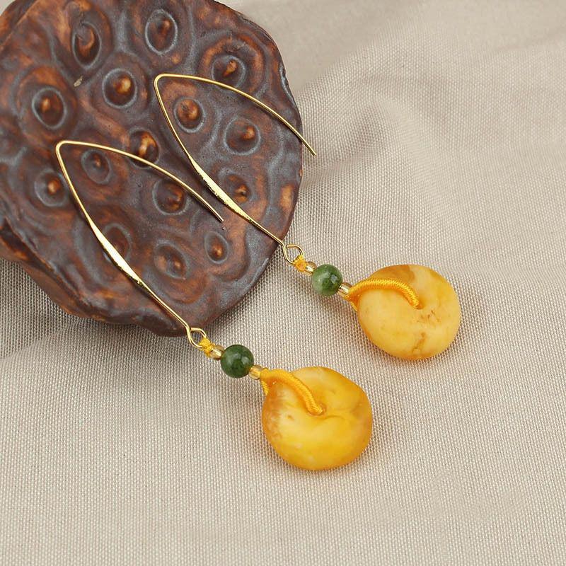 Retro Ethnic Red Dangle Earrings: Imitation Beeswax Ping An Kou with Ear Hooks - Simple, Elegant Tibetan Style for Women