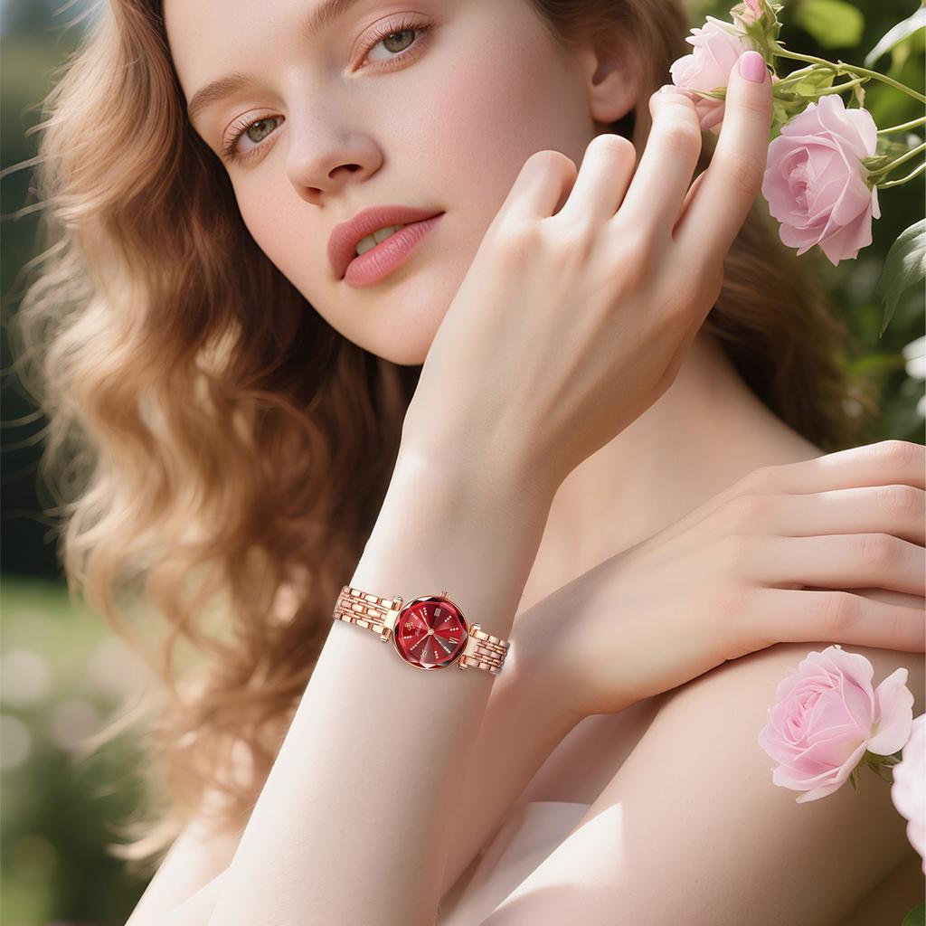 Yalalusi Rose Gold Women'S Quartz Watch Light Luxury Ruby Women'S Watch Waterproof Watch Fashionable And Elegant Women'S Watch