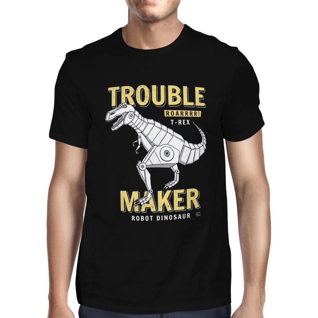 1Tee Mens Robot Dinosaur Trouble Maker T-Shirt