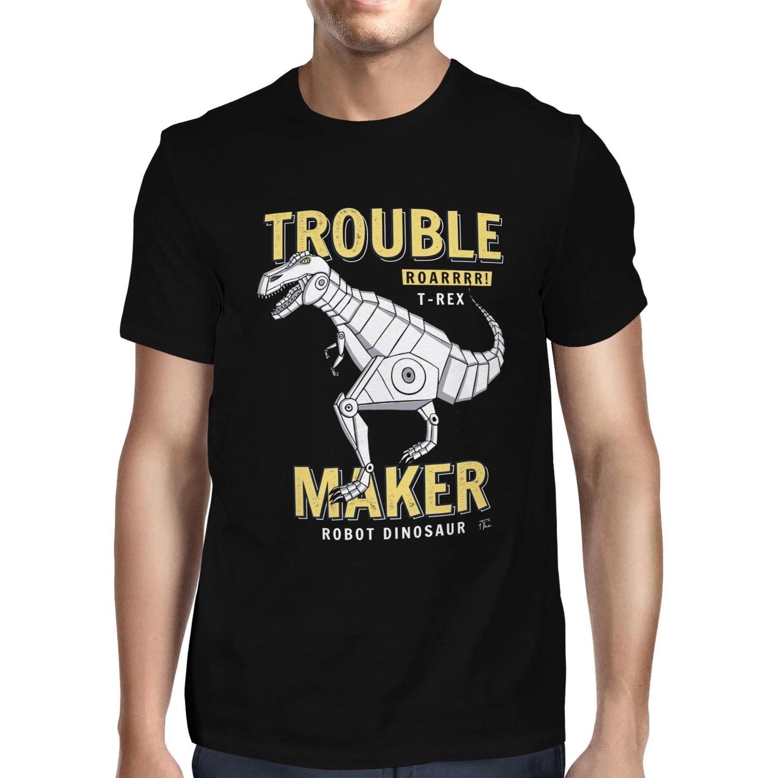 1Tee Mens Robot Dinosaur Trouble Maker T-Shirt L