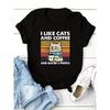 Katze & Kaffee Aufdruck T-Shirt, Lässiges Rundhals Kurzarm T-Shirt, Damenbekleidung