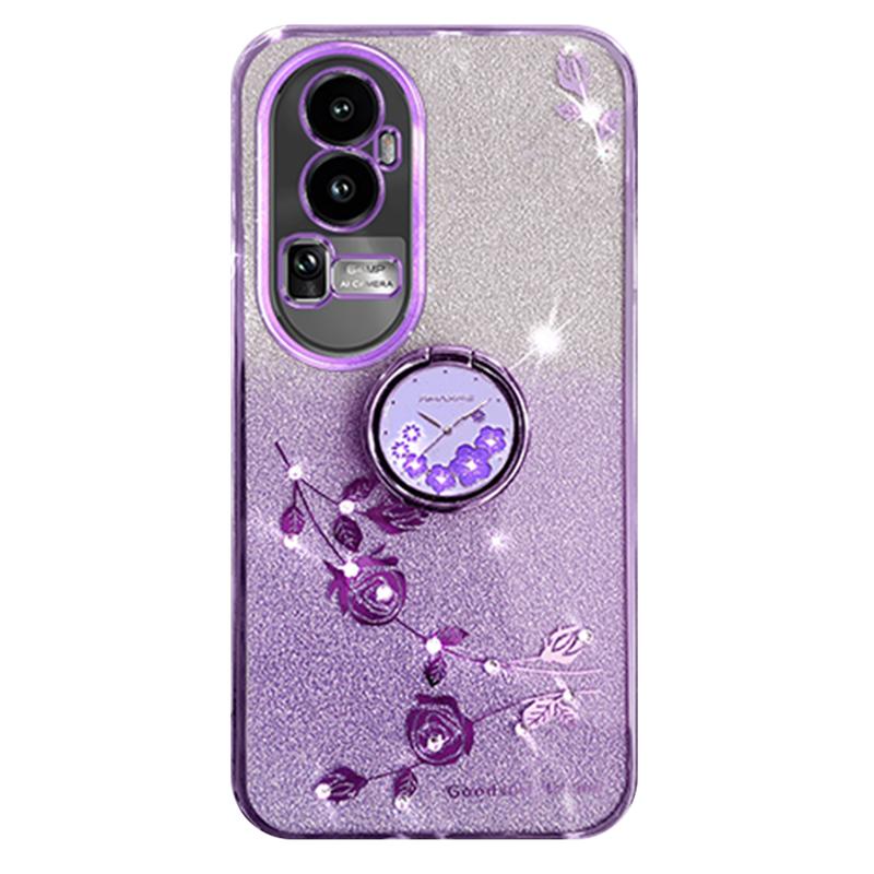 

KADEM Glitter Gradient Phone Shell For Oppo Reno10 Pro+ 5G Rhinestone Flower TPU Case Cover with Kickstand Purple