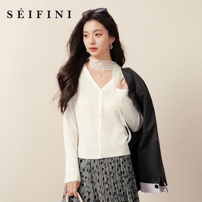 SEIFINI Lace Ribbon V-Neck Knit Long Sleeve Top M