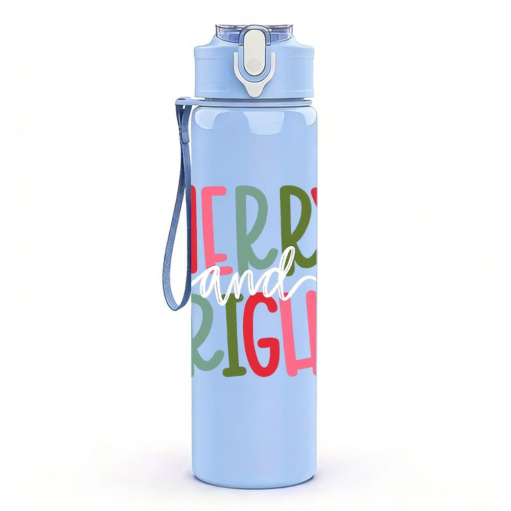 1PC Merry And Bright Festive Letter Text Print 750ml Color Plastic Sports Water Bottle Leakproof Flip Straw Lid Suitable for Sports Office Home Use