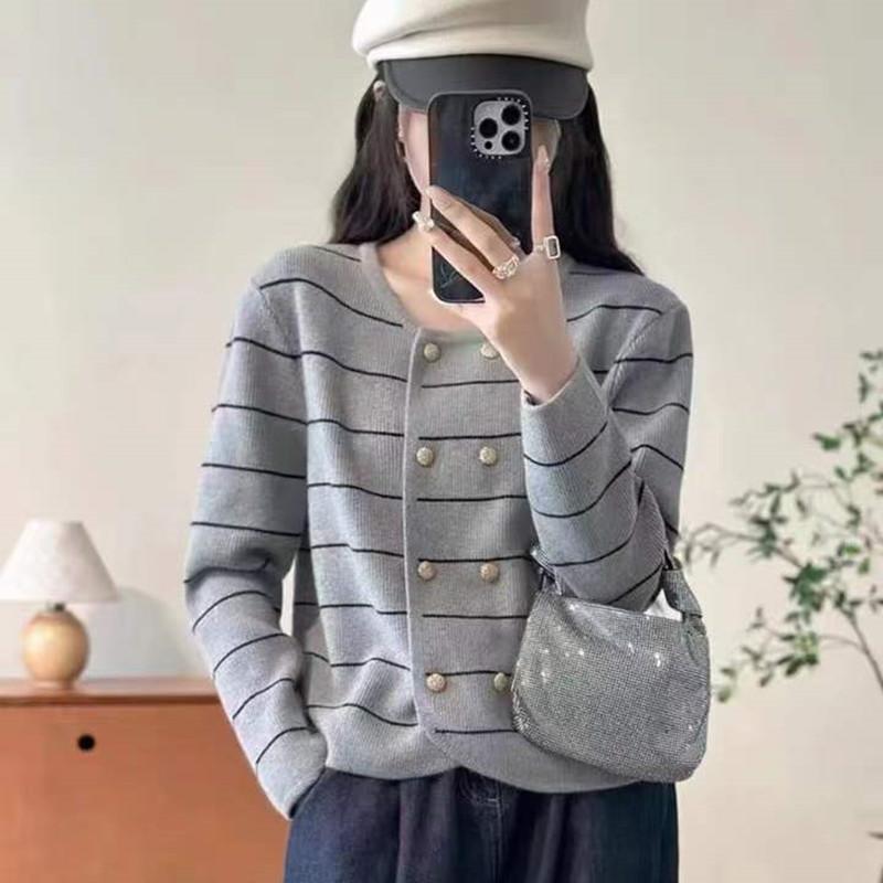 YYFS Женская мода Повседневный Осень Зима Полосатый Принт Длинный Рукав О-Образным Вырезом Свитера Size: One Size серый