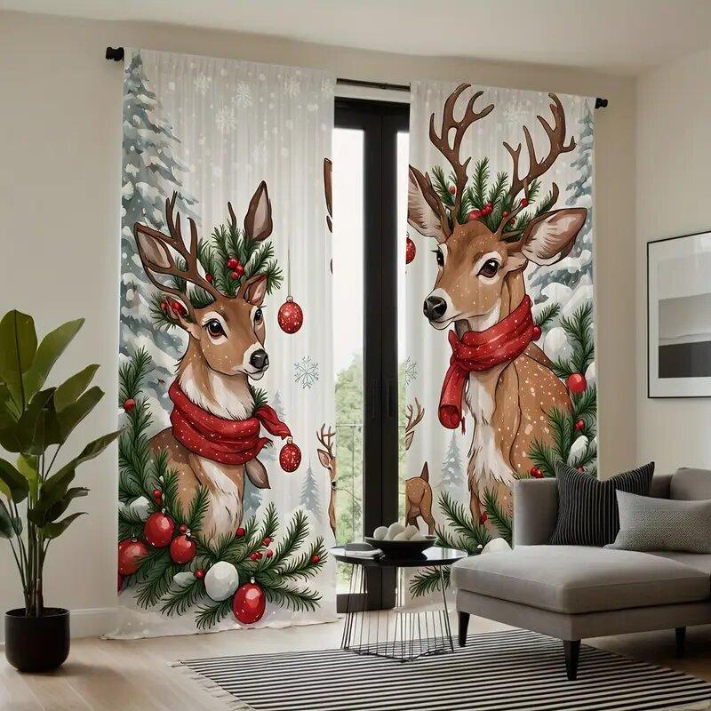 2 Pcs Christmas Elk Print Curtains,Suitable For Bedroom,Living Room Kitchen Decoration,Home Decoration,Window Decoration