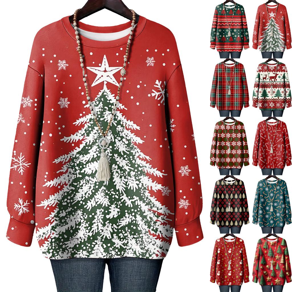 Ladies' Christmas Printed Round Neck Long Sleeved T-shirt Sweatshirt Top