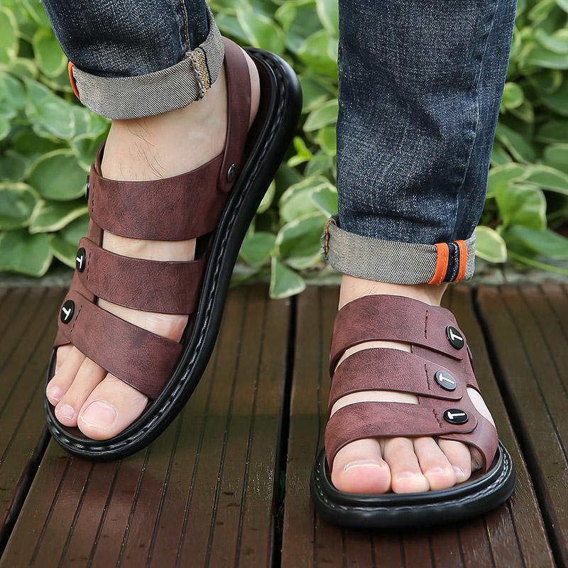 Men's Leather Sandals Breathable Soft Comfortable Slippers Summer Casual Shoes Slip-On Lightweight Flats Beach Walking Sandals