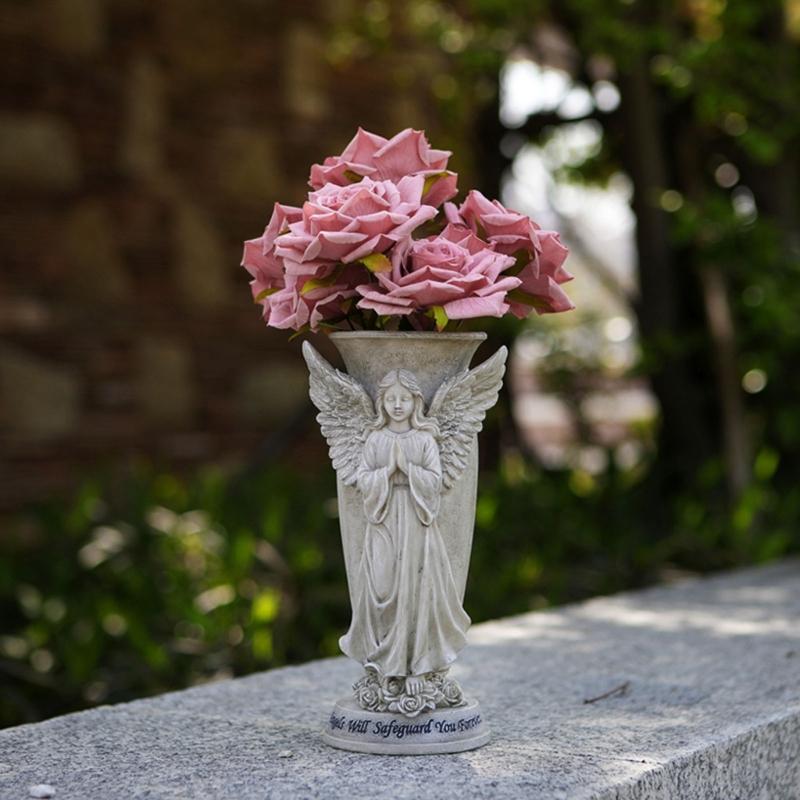 Cemetery Vases Praying Angel Sculpture Ornament Resins Outdoor Decors Flower Holder Pot For Memorial Garden Grave Site