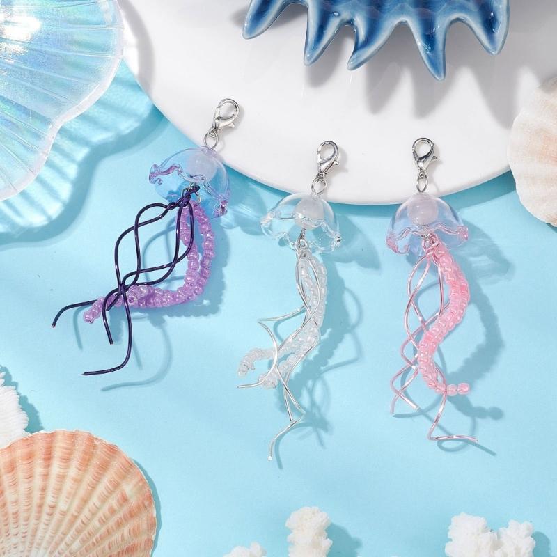3pcs Sturdy Glass Bead Jellyfish Keychain Ornament Portable for Adding Artistics Styles to Keys And Bags Decoration