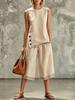 2026 Summer Women's Cotton Linen Two-Piece Set: Sleeveless Side Slit Top & Wide-Leg Cropped Pants