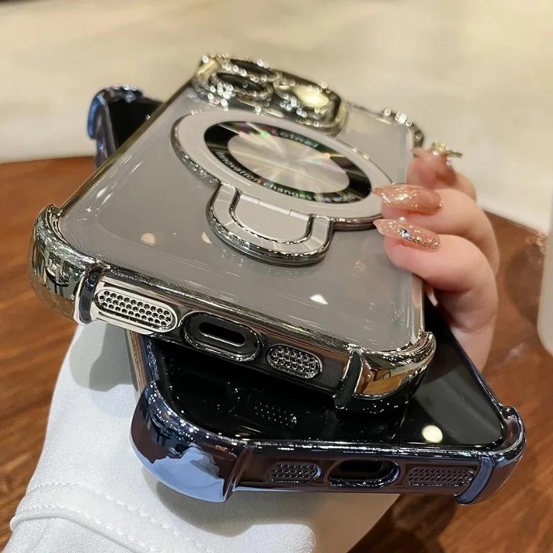 Luxus Galvanisiert Stoßfest Magnetische Halterung Hülle Für iPhone 15 16 11 12 13 14 Pro Max Plus Für Magsafe Mit Halter Ständer Abdeckung