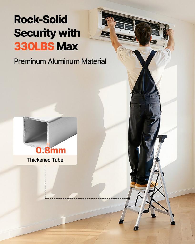 3 Step Ladder, Folding Step Stool with Wide Anti-Slip Pedal and Comfort Handgrip, 150 kg Capacity Portable Aluminum Stepladder, Multi-Use for Kitchen,