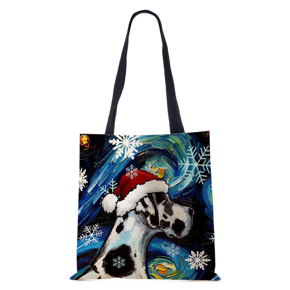 Christmas Dog Canvas Shopper Tote Bag Utskrift Harajuku Kvinner Gjenbrukbar skulderveske 2022 Casual Stor kapasitet sammenleggbar håndveske