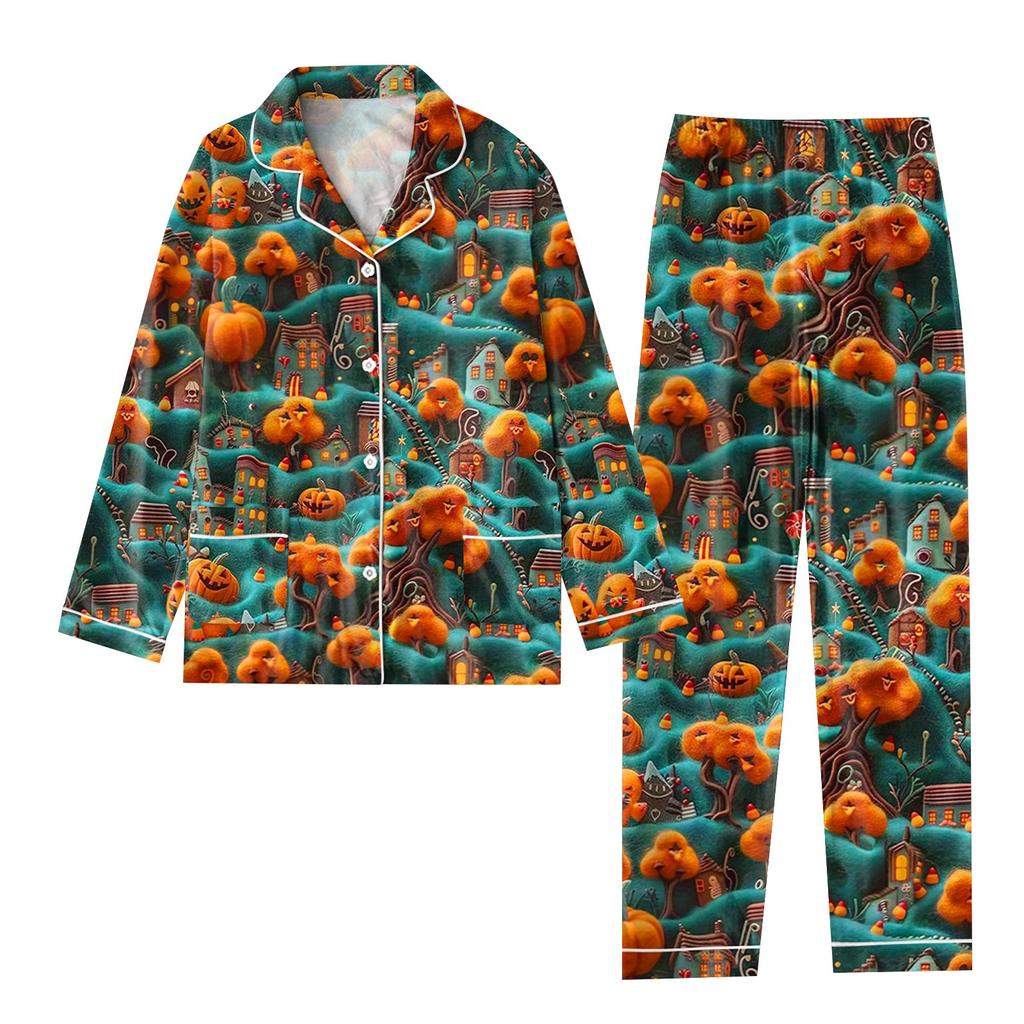 2-teiliger bedruckter Damen-Anzug, langärmelig, Oberteil mit Knopfleiste, weite Hosen, Anzug-Set, Schlafanzug, Home-Casual-Anzug