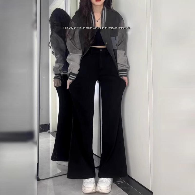 Women's High-Waist Black Micro-Flare Non-Stick Jeans - Plus Size, Wide Leg, Floor-Length, Autumn Collection