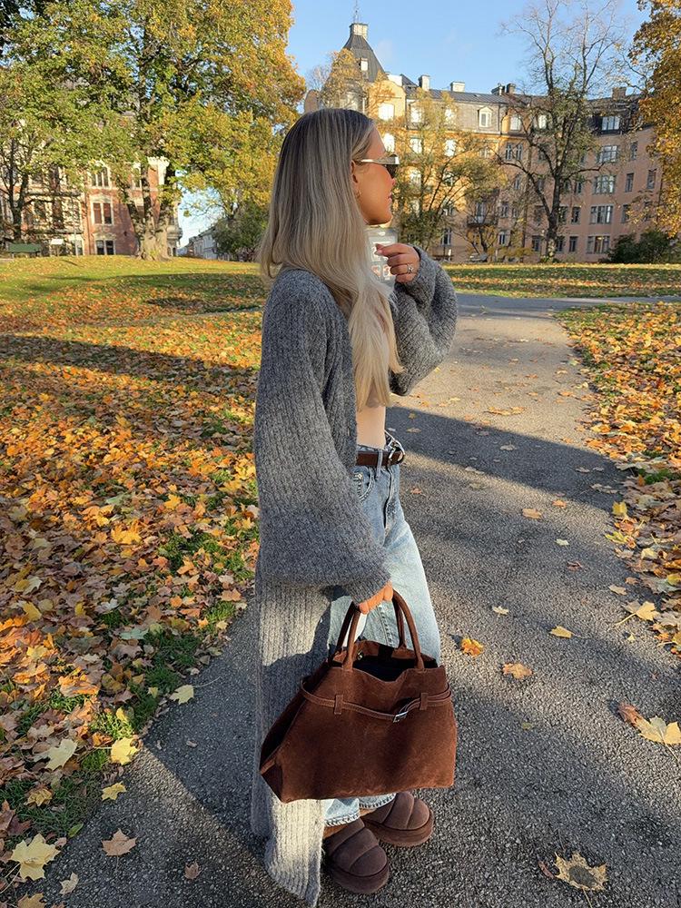 2024 Herbst/Winter Damen Grauer Locker Gestrickter Cardigan mit Langen Ärmeln