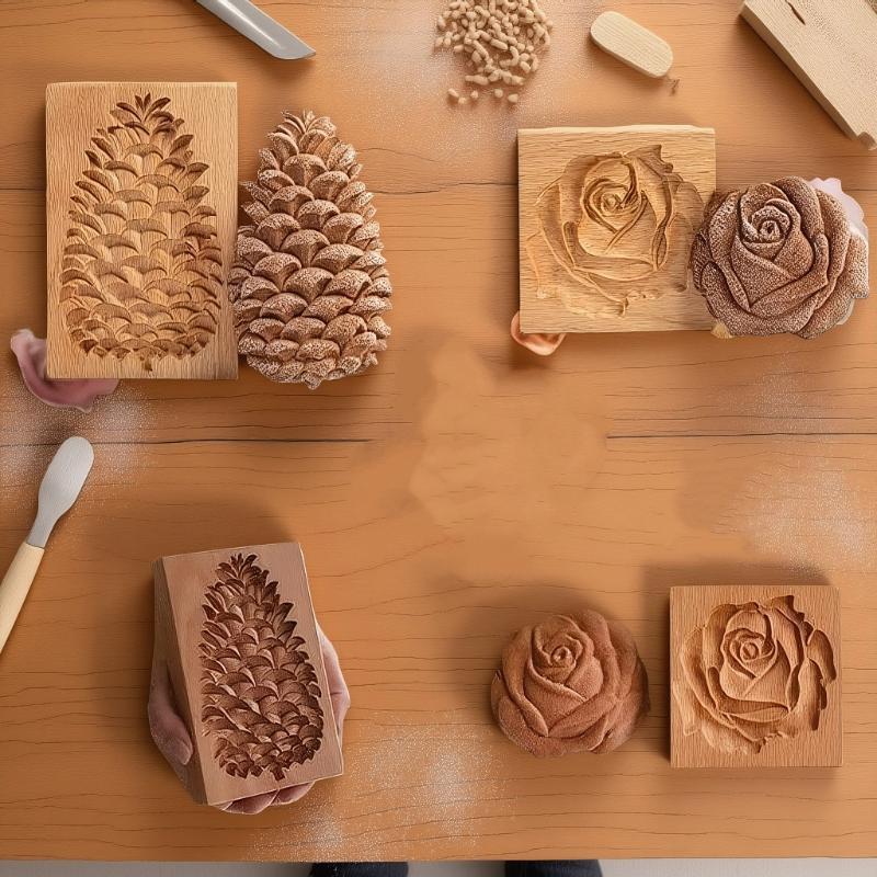 3D Wooden Cookie Molds for Baking-Embossed Gingerbread&Pumpkin Shaped Cutters, Reusable Dough Press Stamps for Holiday Cookies